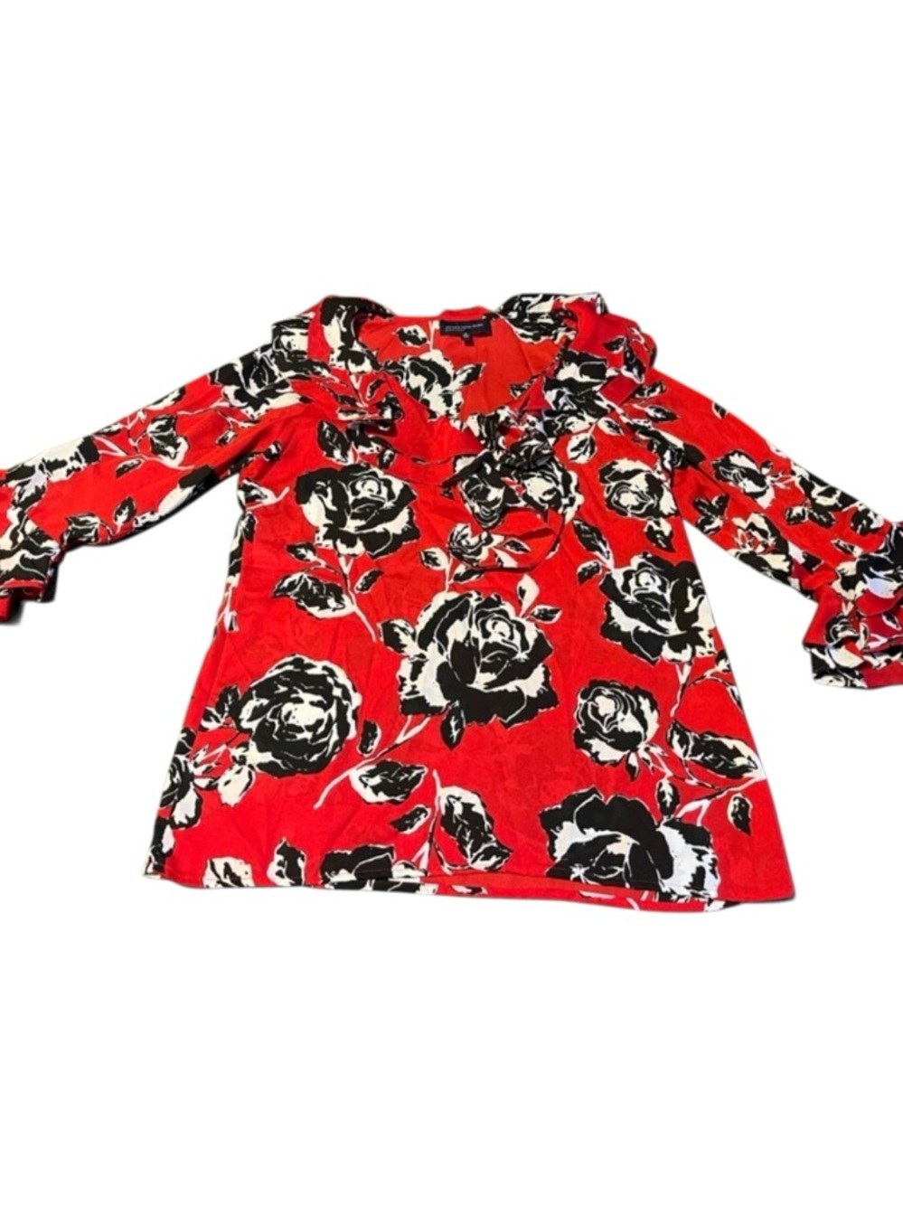 Red Floral Ruffle Blouse Tie Neck Flounce Sleeve Size M - Picture 2 of 5